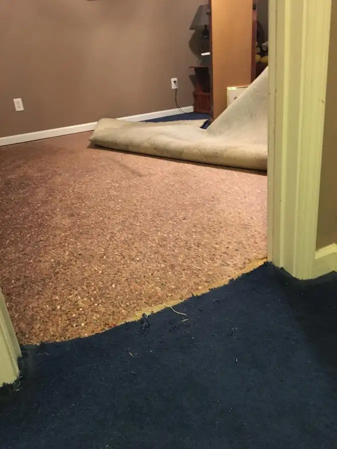 Carpet pad removal revealing water damage during Water Mitigation Services in Cedar Park